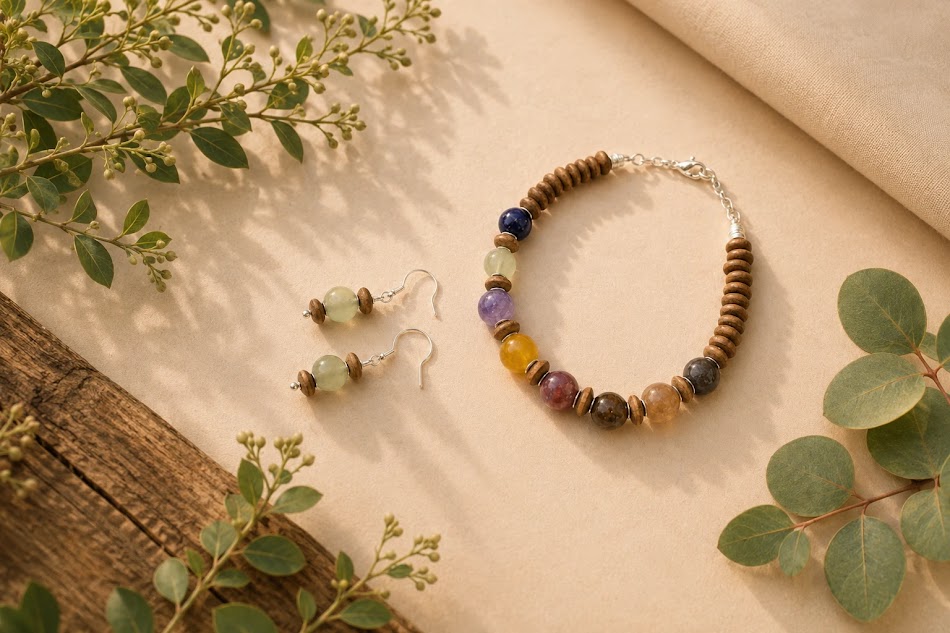 pulseira e brincos de madeira e pedras naturais banhados a prata, feitos a mão pela ceci joias da amazônia.