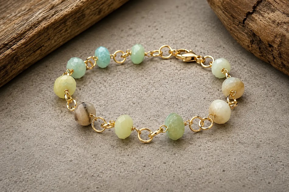 PULSEIRA amazonita banhada a ouro 18k., feita a mão pela ceci joias da amazônia .
