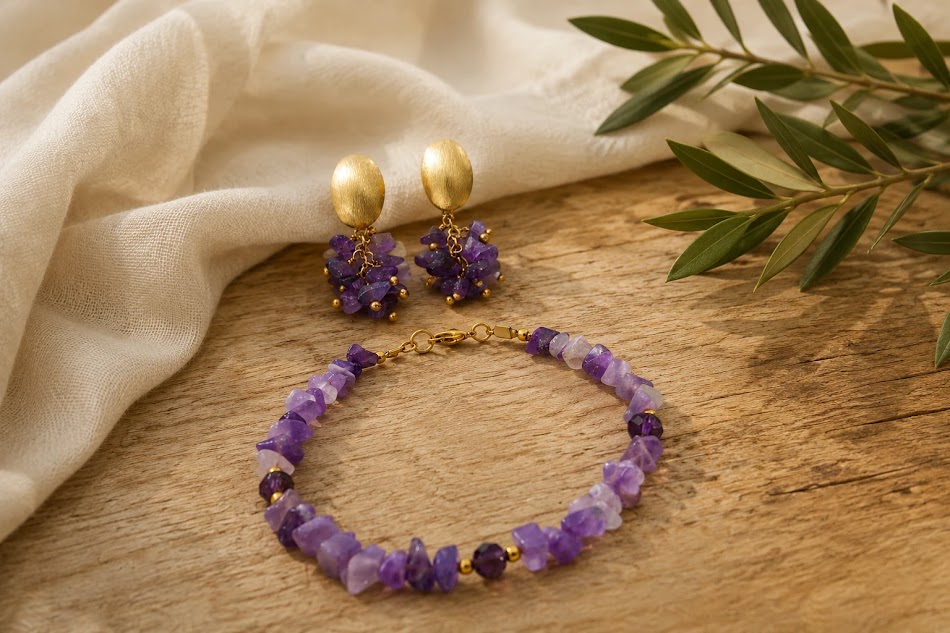 Conjunto de brincos e pulseira de ametistas irregulares, feitos à mão, banhados a ouro 18k, produção exclusiva da ceci joias da amazônia