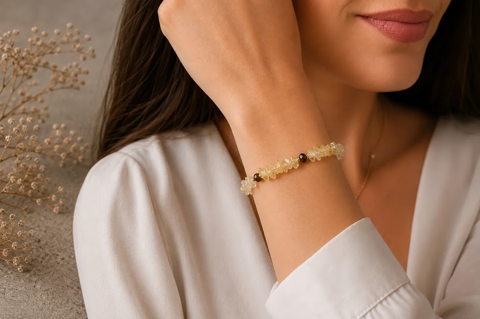 pulseira de pedras irregulares e olho de tigre de 3 mm, banhado a ouro 18k.