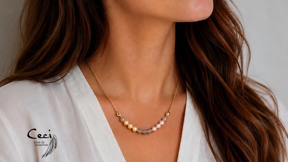 colar de perolas amarelas, rose, labredorita, banhado a ouro 18k. feito a mão por ceci joias da amazonia, peça única.