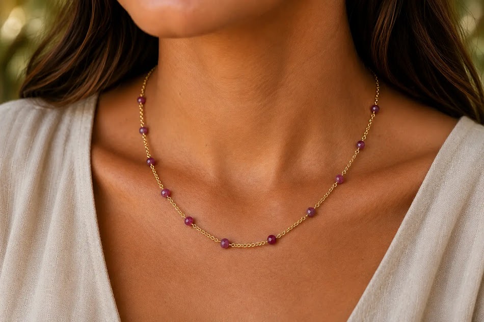 colar de rubi banhado a ouro 18k no colo da modelo