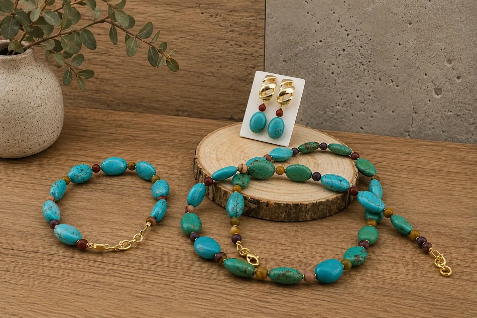 conjunto de pulseira, colar e brincos de turquesa e jaspe australiano banhado a ouro 18k