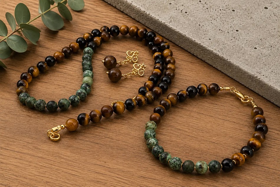 Conjunto colar, pulseira e brincos banhados a ouro 18k