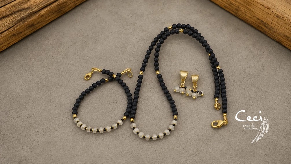 conjunto de pedra da lua e onix, feito a mão pela ceci joias da amazonia