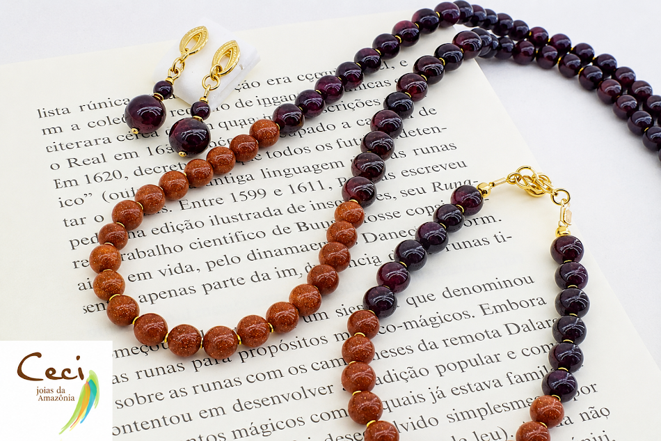 conjunto pedra do sol e granada banhado a ouro 18k
