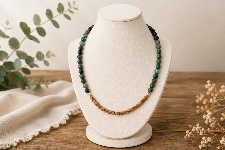 colar de ágata indiana e morototo banhado a ouro 18k.