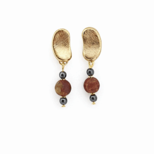 BRINCOS DE JASPE PICASSO E HEMATITA, FEITOS A MÃO BANHADOS A OURO 18K