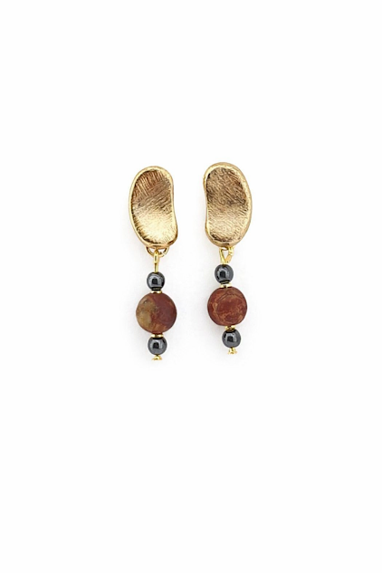 BRINCOS DE JASPE PICASSO E HEMATITA, FEITOS A MÃO BANHADOS A OURO 18K