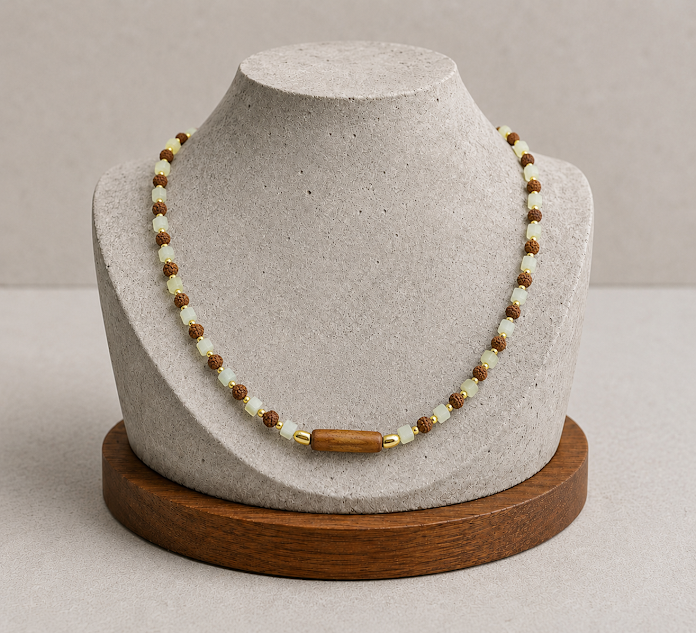 Colar rudraksha , amazonita e bambu, entremeio a ouro 18k. Feito a mão pela Ceci joias da amazônia.
