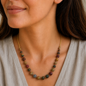 modelo usando o colar de jaspe picasso e jaspe vermelho banhado a ouro 18k. Peça unica feita pela ceci joias da amazonia.