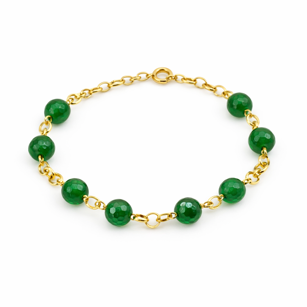 pulseira aventurina verde facetada elo portugues, banhada a ouro 18 k. fundo branco.