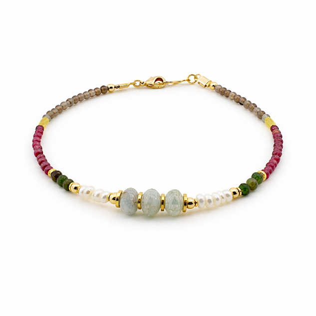 PULSEIra agua marinha, perola, perolas, esmeraldas, granada banhadas a ouro 18 k.