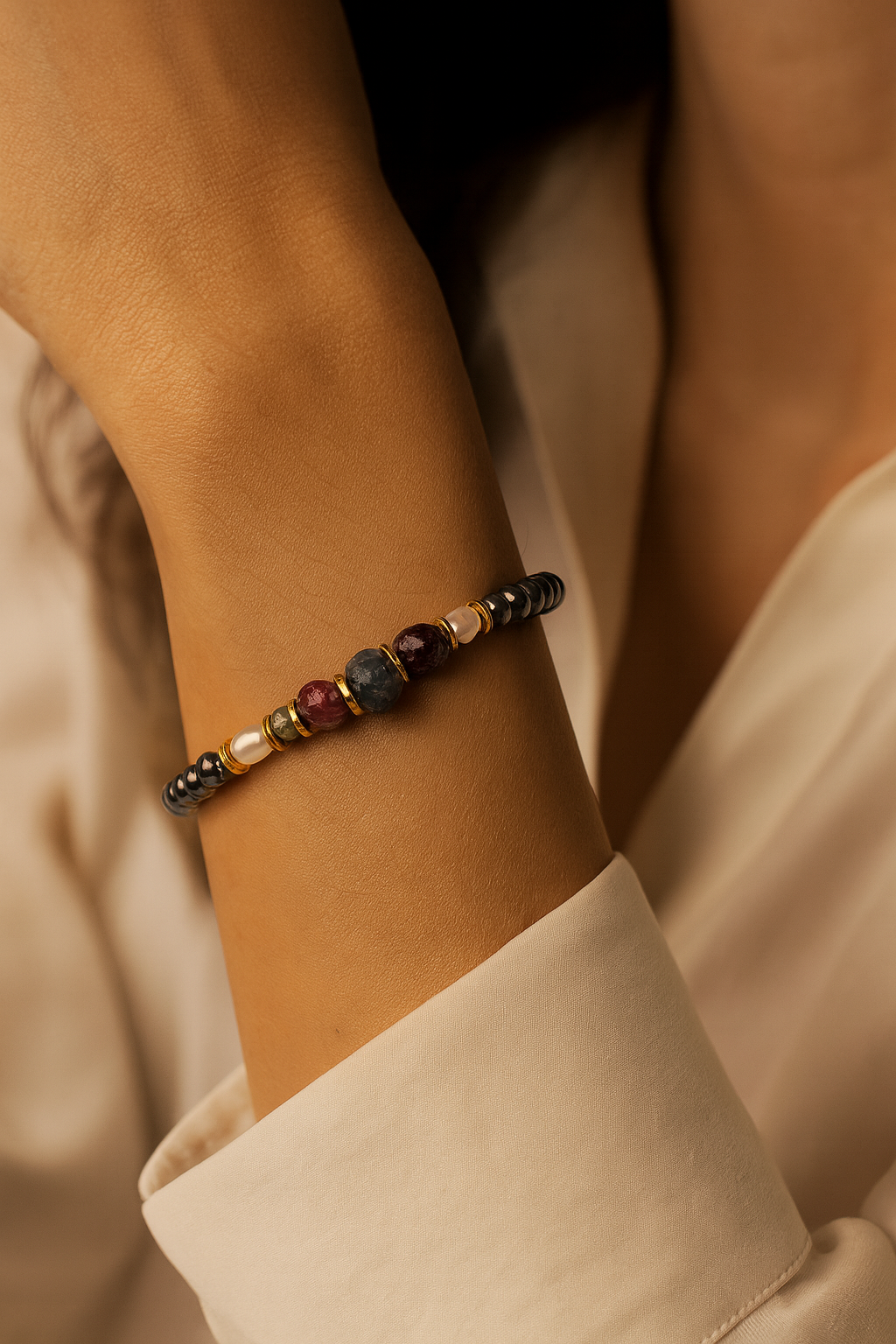 Pulseira de Hematita, Safira, Rubi, Esmeralda e Pérola Folheada a Ouro 18k – Joia Artesanal Exclusiva A Pulseira de hematita, safira, rubi, esmeralda e pérola folheada a ouro 18k é uma joia artesanal única, feita à mão pela Ceci Joias da Amazônia. Cada detalhe dessa semijoia delicada combina a força e o brilho de pedras naturais com o charme clássico das pérolas cultivadas em água doce, criando uma peça sofisticada, durável e exclusiva. Pulseira de Hematita, Safira, Rubi, Esmeralda e Pérola Folheada a Ouro 18k – Joia Artesanal Exclusiva A Pulseira de hematita, safira, rubi, esmeralda e pérola folheada a ouro 18k é uma joia artesanal única, feita à mão pela Ceci Joias da Amazônia. Cada detalhe dessa semijoia delicada combina a força e o brilho de pedras naturais com o charme clássico das pérolas cultivadas em água doce, criando uma peça sofisticada, durável e exclusiva.