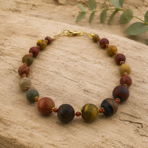 pulseira jaspe picasso e jaspe vermelho , feita à mão, pela ceci joias da amazonia. Semijoia sobre a madeira rustica
