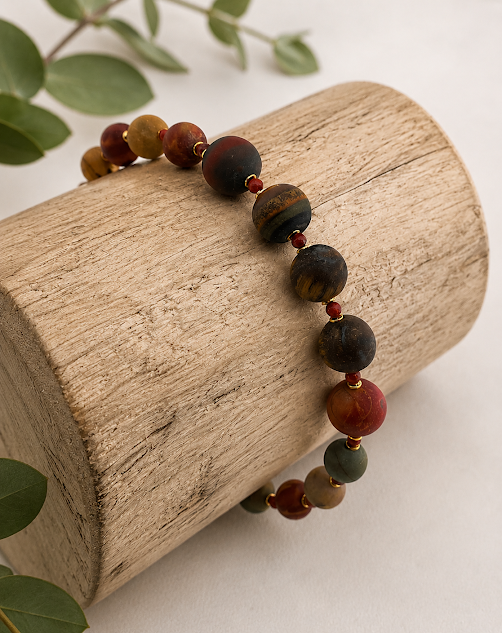 pulseira de jaspe picasso e jaspe vermelho com entremeios banhados a ouro 18k. Peça única feito pela ceci joias da amazonia. pulseira de jaspe picasso e jaspe vermelho com entremeios banhados a ouro 18k. Peça única feito pela ceci joias da amazonia.