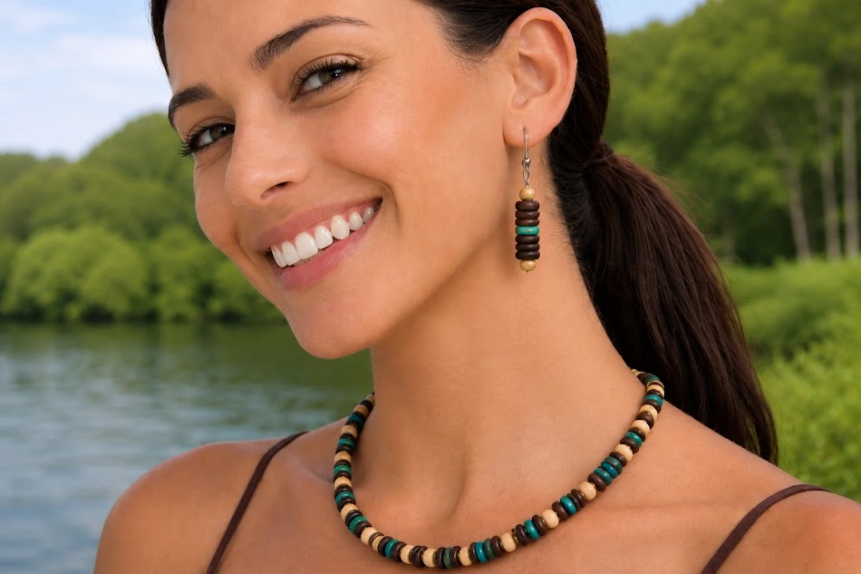 conjunto madeira coco e turquesa na modelo na amazonia