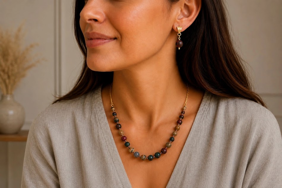 Modelo elegante comcolar e brincos de jaspe picasso banhados a ouro 18k.