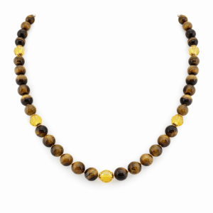 colar de olho de tigre e citrino com entremeios e fechamento banhados ouro 18k