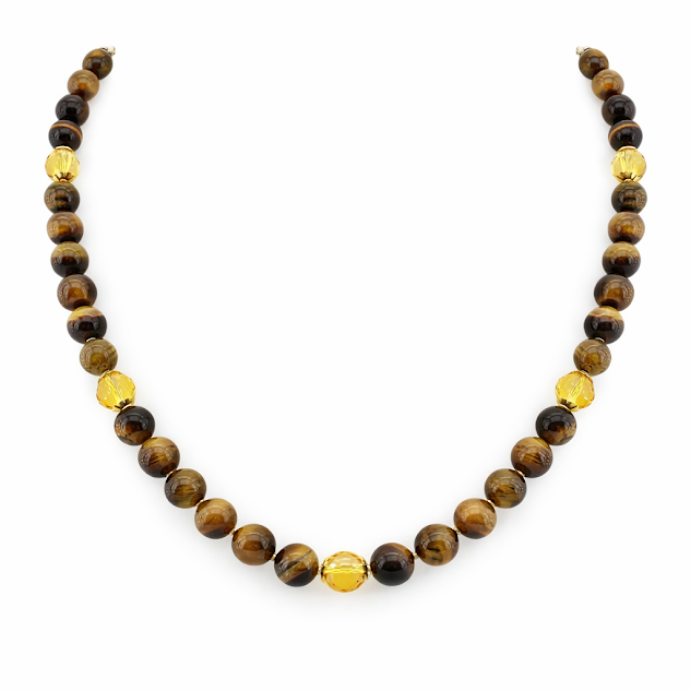 colar de olho de tigre e citrino com entremeios e fechamento banhados ouro 18k