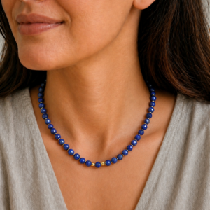 colar lapis lazuli facetado, feito a mão pela Ceci joias da amazonia no colo da modelo.