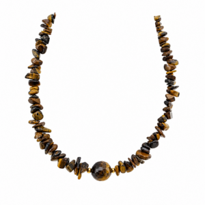 colar de pedras irregulares de olho de tigre e uma esfera facetada de 1mm. fecho banhado a ouro 18k