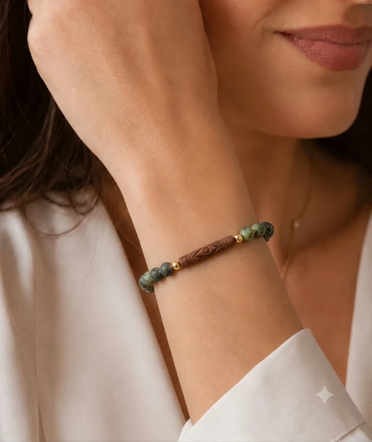 Pulseira turquesa africana fosca com detalhe en ceramica, entremeios banhados a ouro 18k. no punho da modelo.