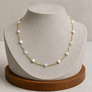 colar de opalina e jade branco entremeios, acessorios e fechos banhados a ouro 18k, feitos a mão pela ceci joias da amazonia.