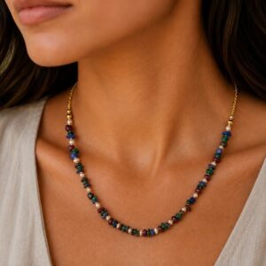 colar de granada, lapis lazuli, perolas, corrente banhada a ouro 18k, criado pela ceci joias da amazonia.