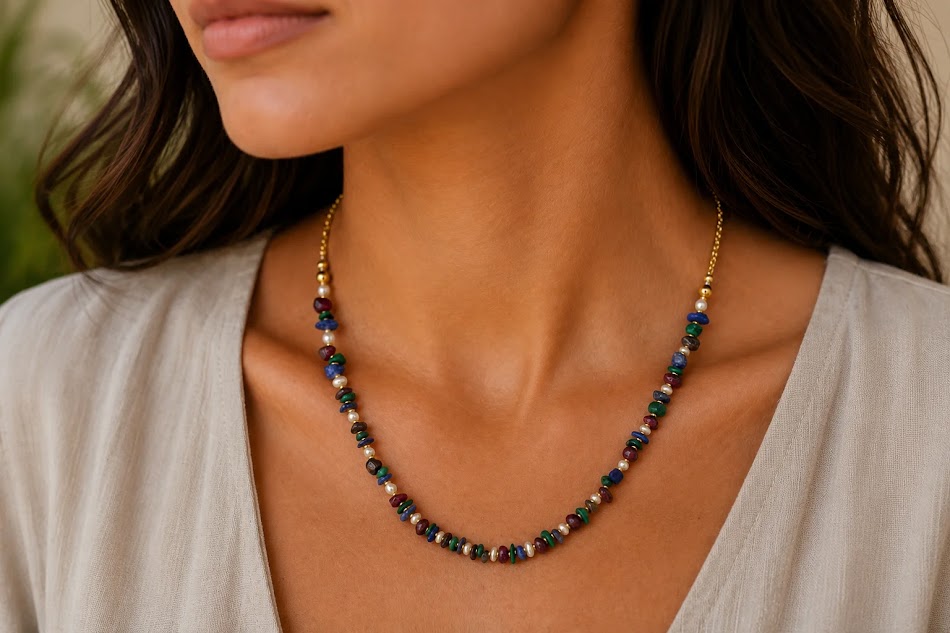 colar de granada, lapis lazuli, perolas, corrente banhada a ouro 18k, criado pela ceci joias da amazonia.