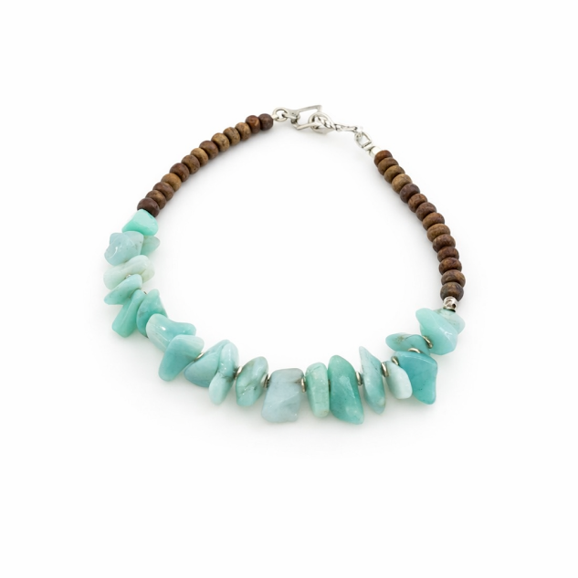 pulseira de agua marinha e madeira, biojioa, banhada a prata.