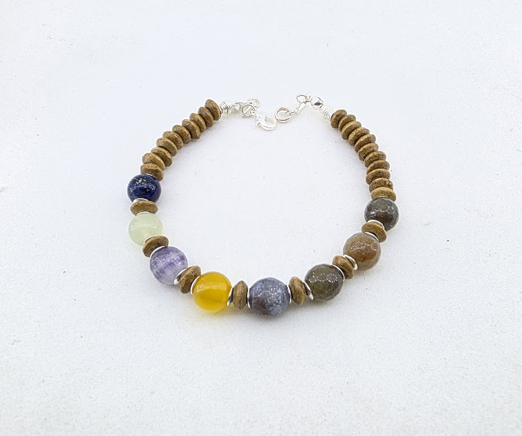 Pulseira de pedras naturais de 8 mm de lapis lazuli, calcita amarela, ametista , agata indiana, jade, feita a mão.