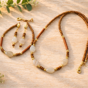 CONJUNTO agata cinza madeira e ceramica banhada a ouro 18k