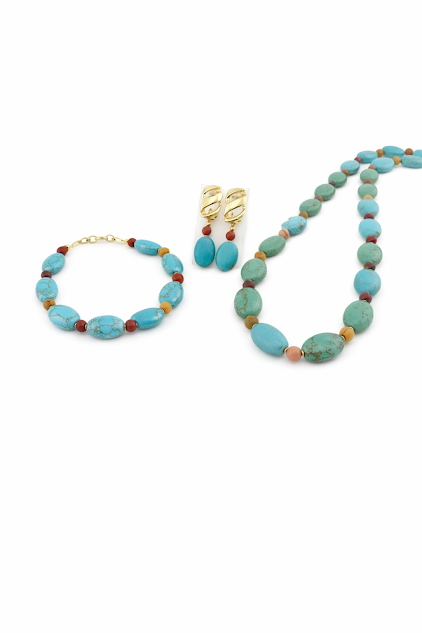 conjunto turquesa e jaspe australiano banhado a ouro 18k.