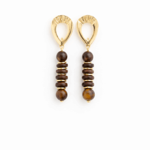 brincos banhados a ouro 18k. de pedras naturais de olho9 de tigre e coco. Peça única