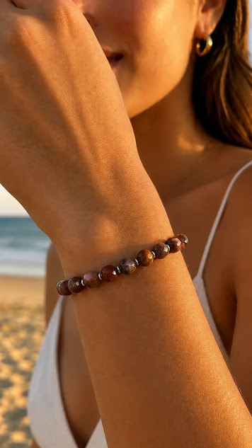 Pulseira agata indiana facetada marrom de 6 mm com entremeios banhados a prata, feita a mão, peça única, no punho da modelo.