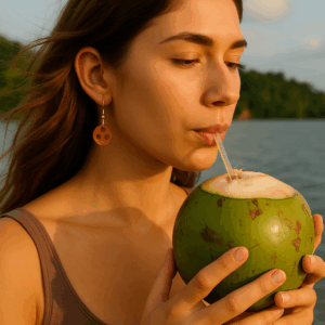 Mulher elegante usando brincos de babaçu e bebendo água de coco – joia artesanal amazônica