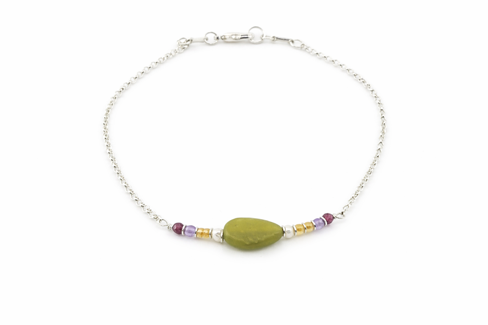 pulseira jade perola, ametista calcita amarela prata no punho