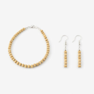 Conjunto de pulseira e brincos der madeira banhados a prata 925