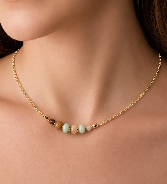 colar rondel de amazonita facetada corrente banhada a ouro 18k