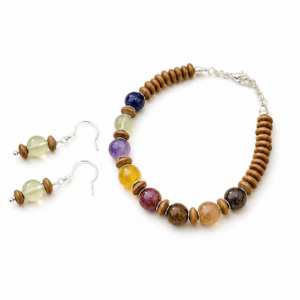Conjunto pulseira e brincos de ágatas indianas, lapis lazuli, calcita amareta, jade, banhados a prata