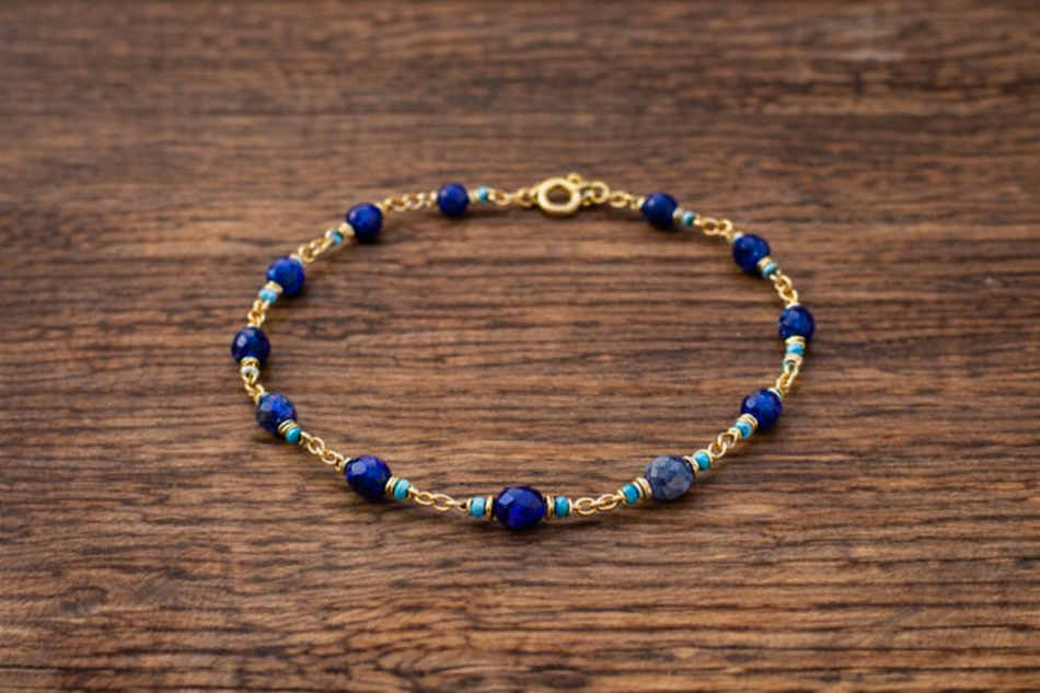 Pulseira de lápis-lazúli e turquesa em wire wrapping artesanal ouro 18k sobre madeira escura — biojoia amazônica Ceci Joias Belém do Pará Pulseira de lápis-lazúli e turquesa em wire wrapping artesanal ouro 18k sobre madeira escura — biojoia amazônica Ceci Joias Belém do Pará