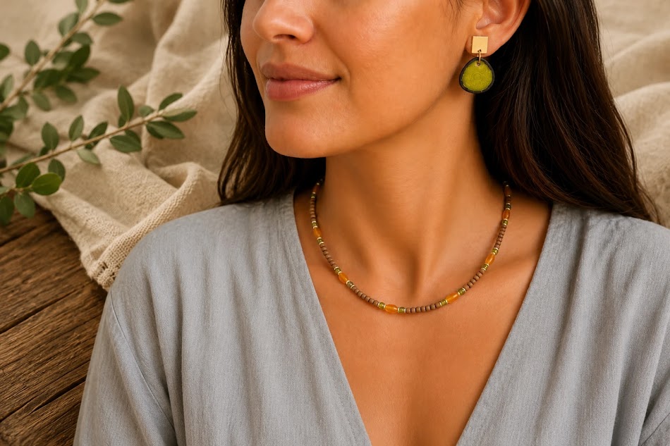 colar de madeira cornalina e brincos de jarina banhados a ouro 18k. Peças únicas e exclusivas feitas a mão pela Ceci joias da amazonia