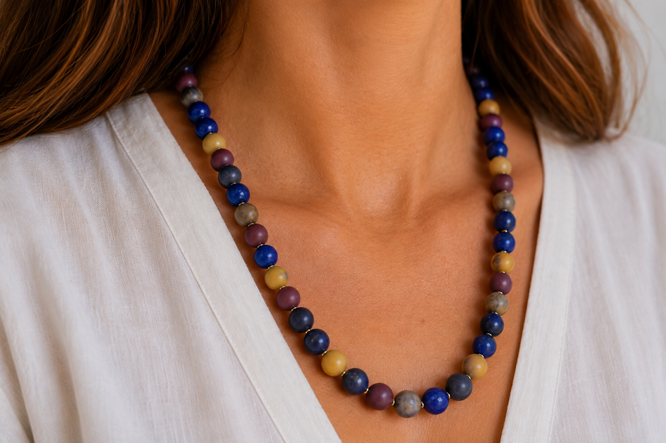 colar de lapis lazuli e jaspe australiano entremeios e fechamento banhados a ouro 18k. Feito a mão.