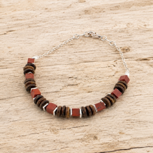pulseira jaspe vermelho e coco corrente banhada em prata