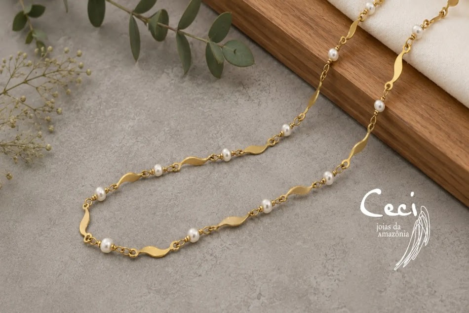 Colar de perolas barrocas de 2mm, feito a mão banhado a ouro 18k, Produzido por Ceci joias da Amazônia.