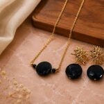 Colar e brincos de moeda de onix corrente elo portugues banhada a ouro 18k, Feitos perla ceci joias da amazônia.