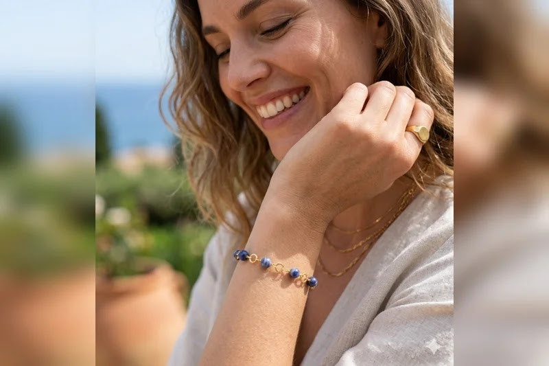 Pulseira de sodalita fosca com banho de ouro 18 k. no punho da modelo.