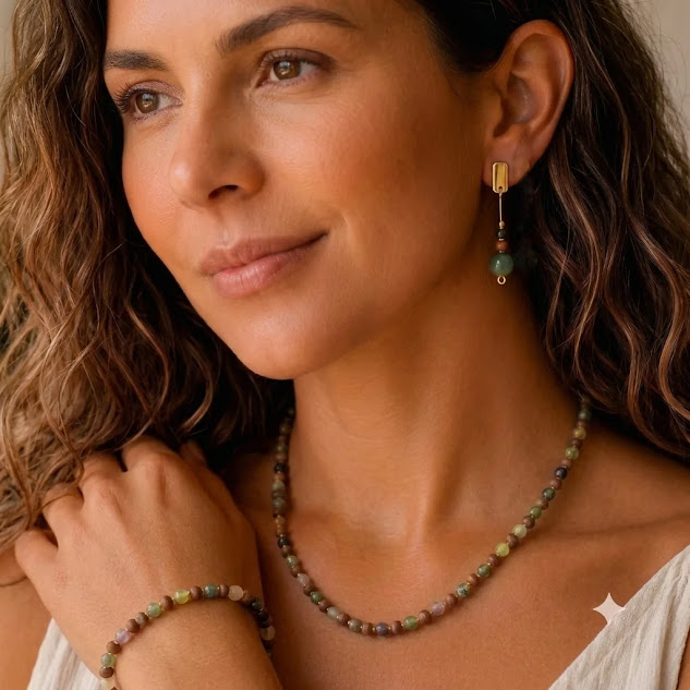 Conjunto de colar, pulseira e brincos de agata indiana e ceramica banhado a ouro 18k.