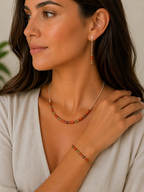 conjunto de madeira e granada verde, apresentado pela modelo. Colar, pulseira e brincos feitos pela Ceci joias da amazÔnia, banhados em prata.